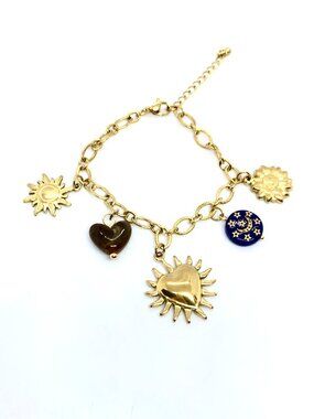 VINTAGE GOLD TONE Charm Bracelet Celestial Sun Moon Heart Star Dangle Chain